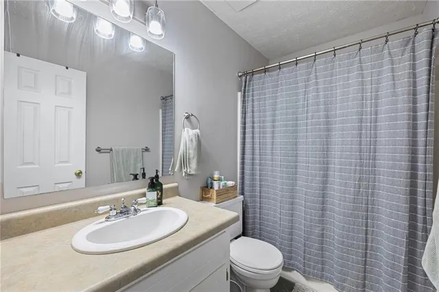 a bathroom with a sink a toilet a mirror and shower curtain