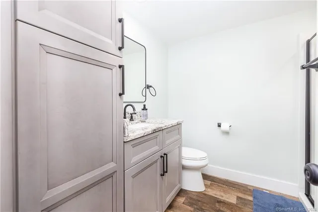 a bathroom with a granite countertop sink toilet and shower