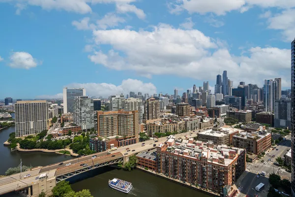 a city view with tall buildings