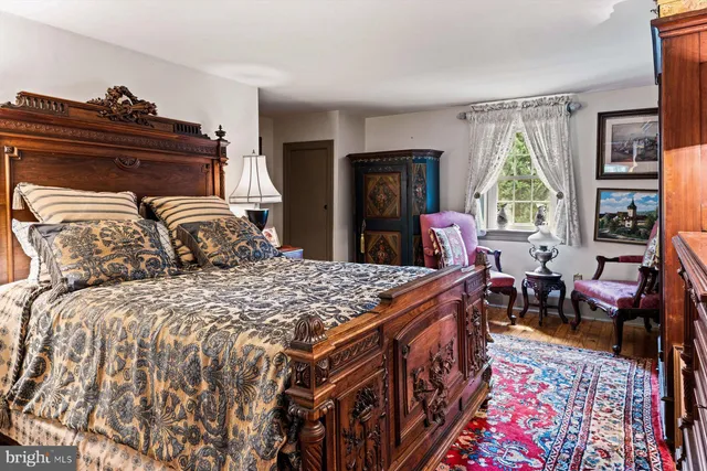 a bed sitting in a bedroom next to a window