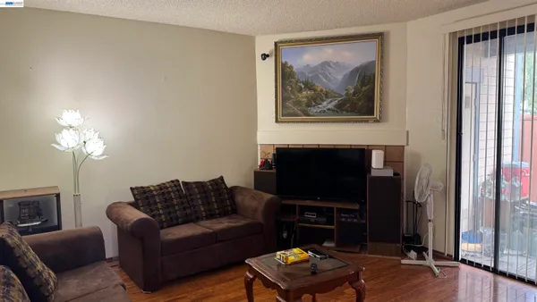 a living room with furniture a flat screen tv and a fireplace