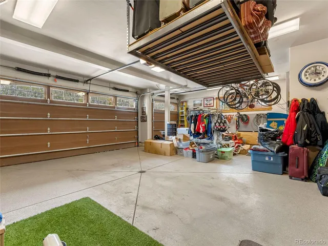 a view of a garage with storage