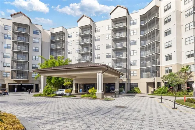 a view of a building with a window and a table