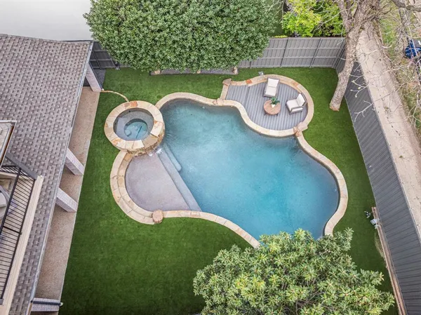 an aerial view of a house having outdoor space
