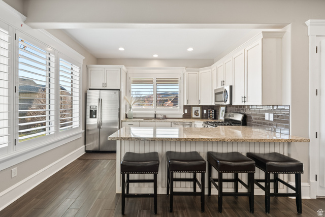 1205 North Elk Rdg Lane, Unit 202 Alpine, UT 84004 - Photo 41 of 88 Open-concept kitchen featuring white shaker-style cabinetry, stainless steel appliances, and a breakfast bar with a light-toned countertop