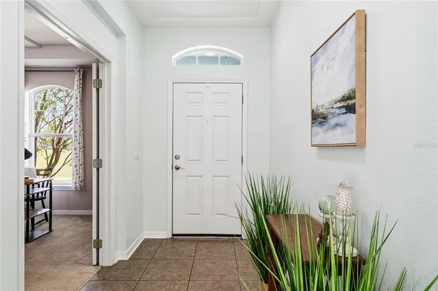 a view of hallway with paintings on wall and a potted plant