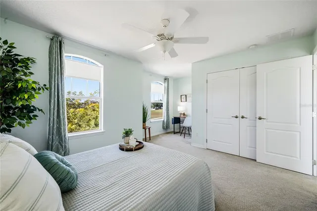 a bedroom with a bed potted plant and a window