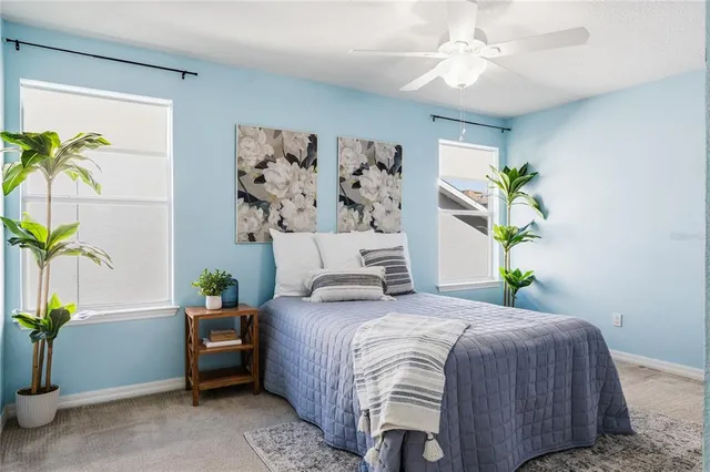 a living room with furniture and large windows
