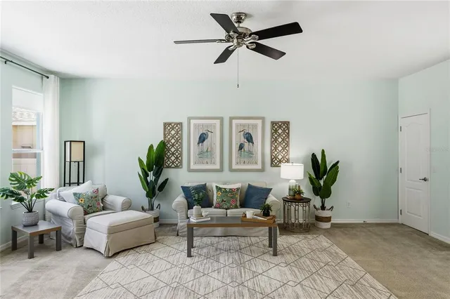 a living room with furniture and a potted plant