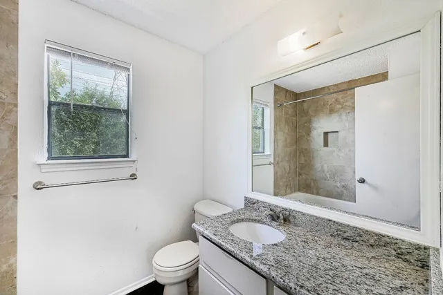 a bathroom with a granite countertop sink a toilet and shower