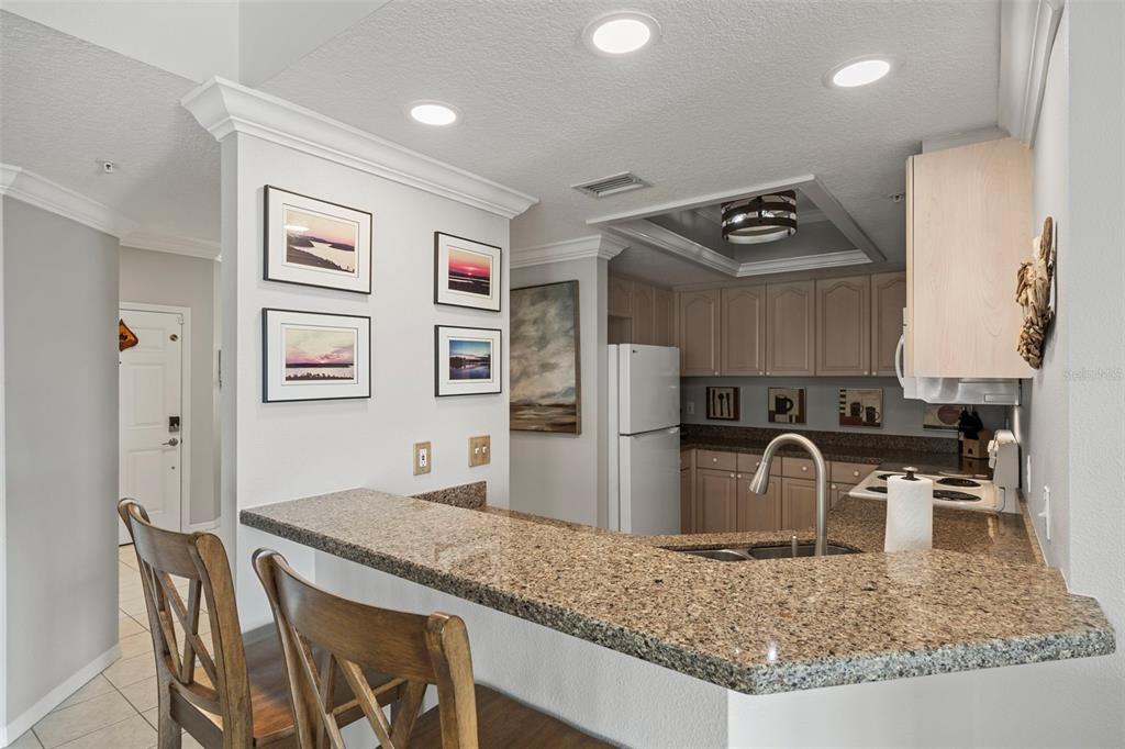 399 150th Avenue, Unit 309 Madeira Beach, FL 33708 - Photo 11 of 43 a kitchen with stainless steel appliances granite countertop a sink and a refrigerator