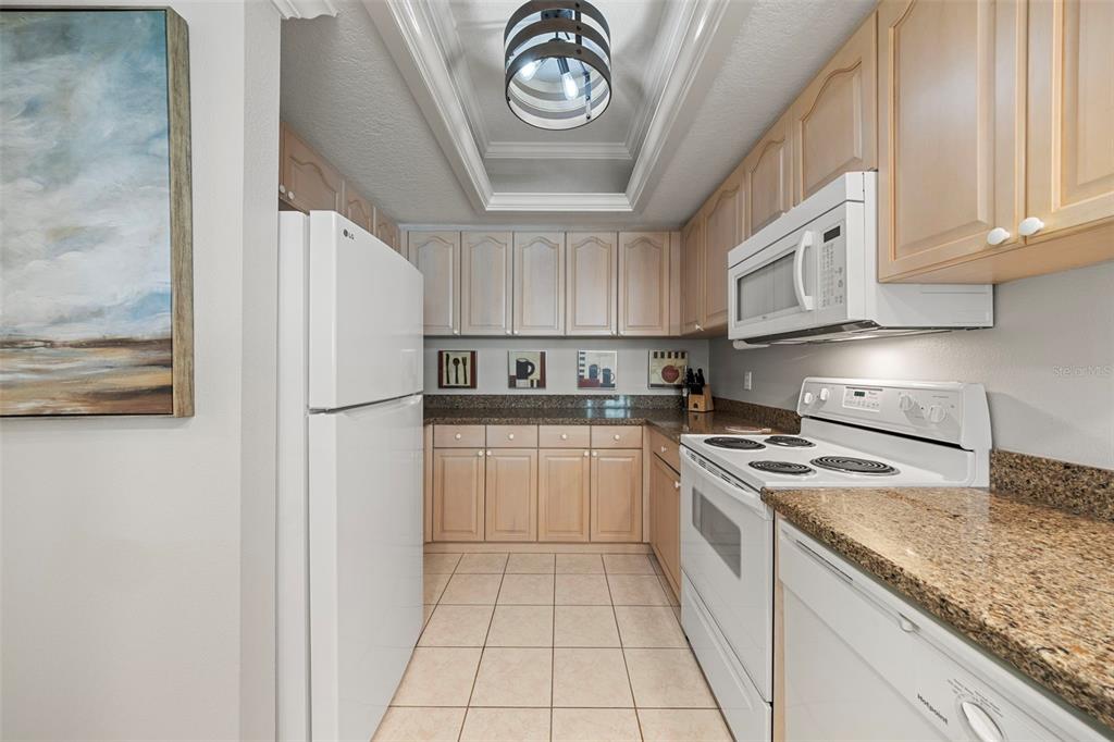 399 150th Avenue, Unit 309 Madeira Beach, FL 33708 - Photo 10 of 43 a kitchen with granite countertop a refrigerator a stove and a sink