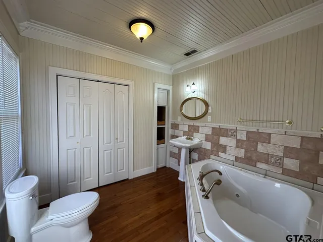 a bathroom with a sink a toilet and a mirror