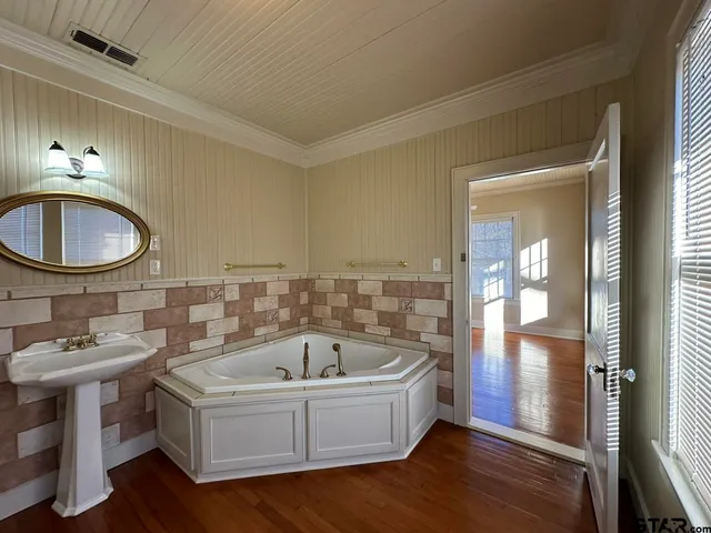 a bathroom with a bathtub a sink and a mirror