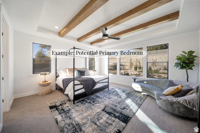 708 East Longview Drive Payson, UT 84651 - Photo 6 of 8 Bedroom with beamed ceiling, carpet, a raised ceiling, ceiling fan, and recessed lighting