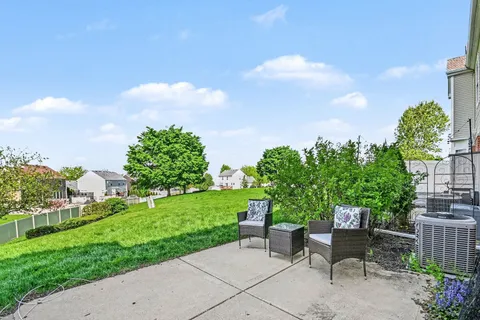 a view of a garden with plants and a bench