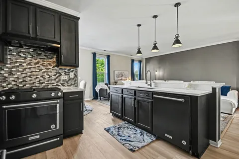 a kitchen with stainless steel appliances a stove a sink dishwasher and cabinets