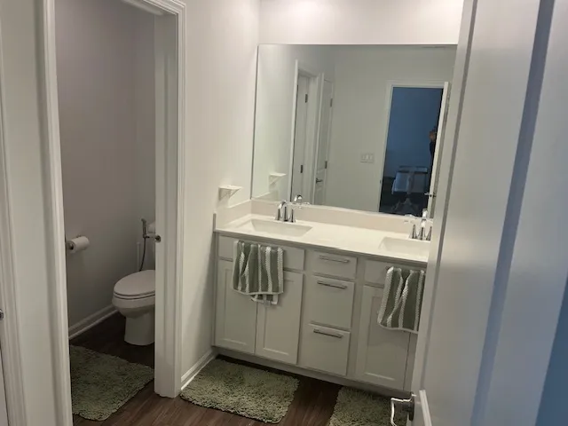 a bathroom with a sink a toilet and a mirror