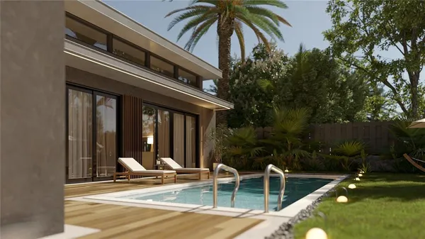 a view of a swimming pool with a patio
