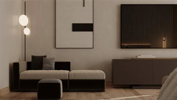 a living room with furniture and a lamp