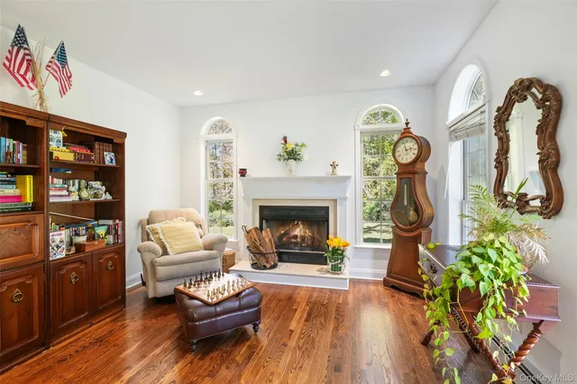 a living room with furniture a bookshelf and a fireplace
