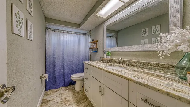 a bathroom with a granite countertop sink and a toilet