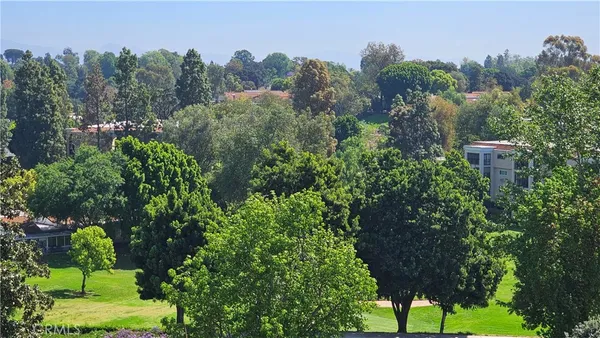 a view of a garden with a building in the background
