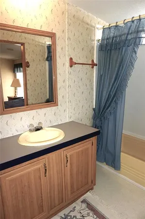 a bathroom with a granite countertop sink a mirror and shower