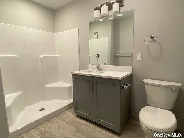a bathroom with a sink a toilet a mirror and shower