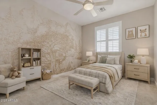 a bedroom with a bed and a couch