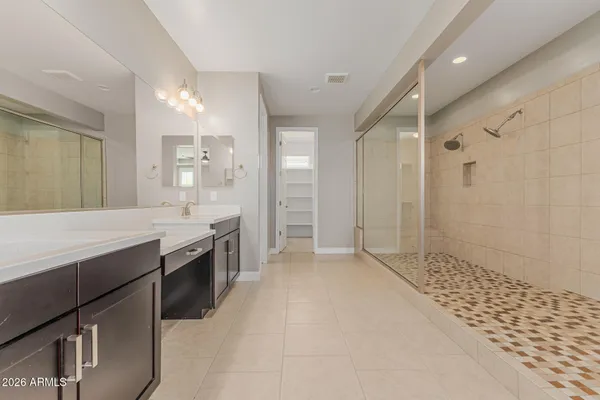 a bathroom with a sink a shower and a mirror