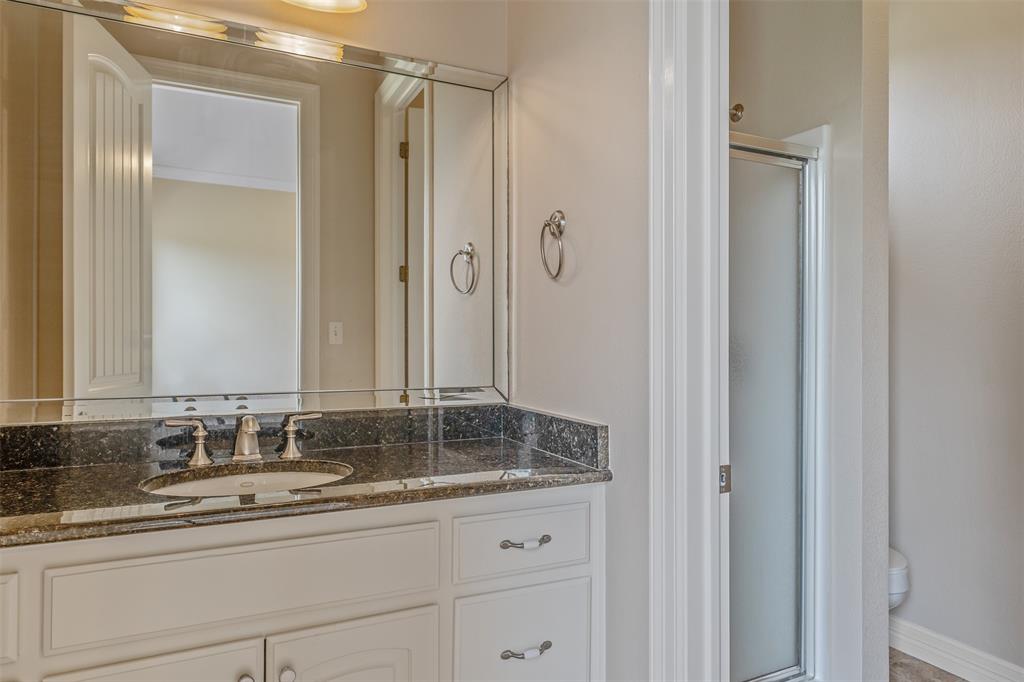 20389 County Road 178 Flint, TX 75762 - Photo 17 of 40 Bathroom vanity featuring a dark speckled countertop, undermount sink, brushed nickel faucet, and a large framed mirror with beveled edges