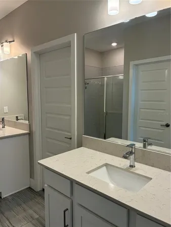 a bathroom with a sink and a mirror