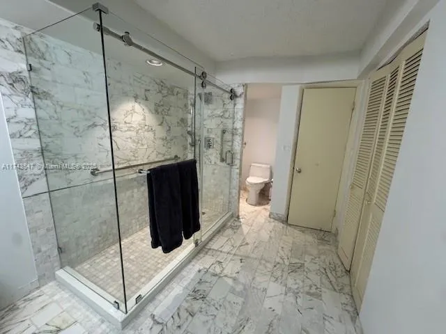 a bathroom with a shower and a toilet