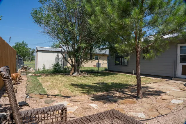 a view of a backyard with table and chairs and a large tree