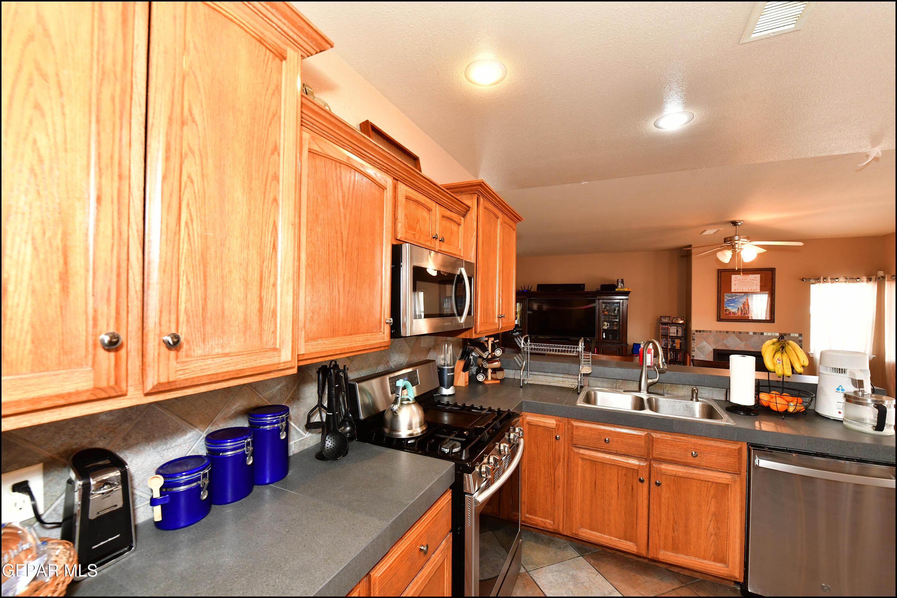7350 Navidad Way Canutillo, TX 79835 - Photo 12 of 49 a kitchen with stainless steel appliances a sink dishwasher and a microwave with wooden floor