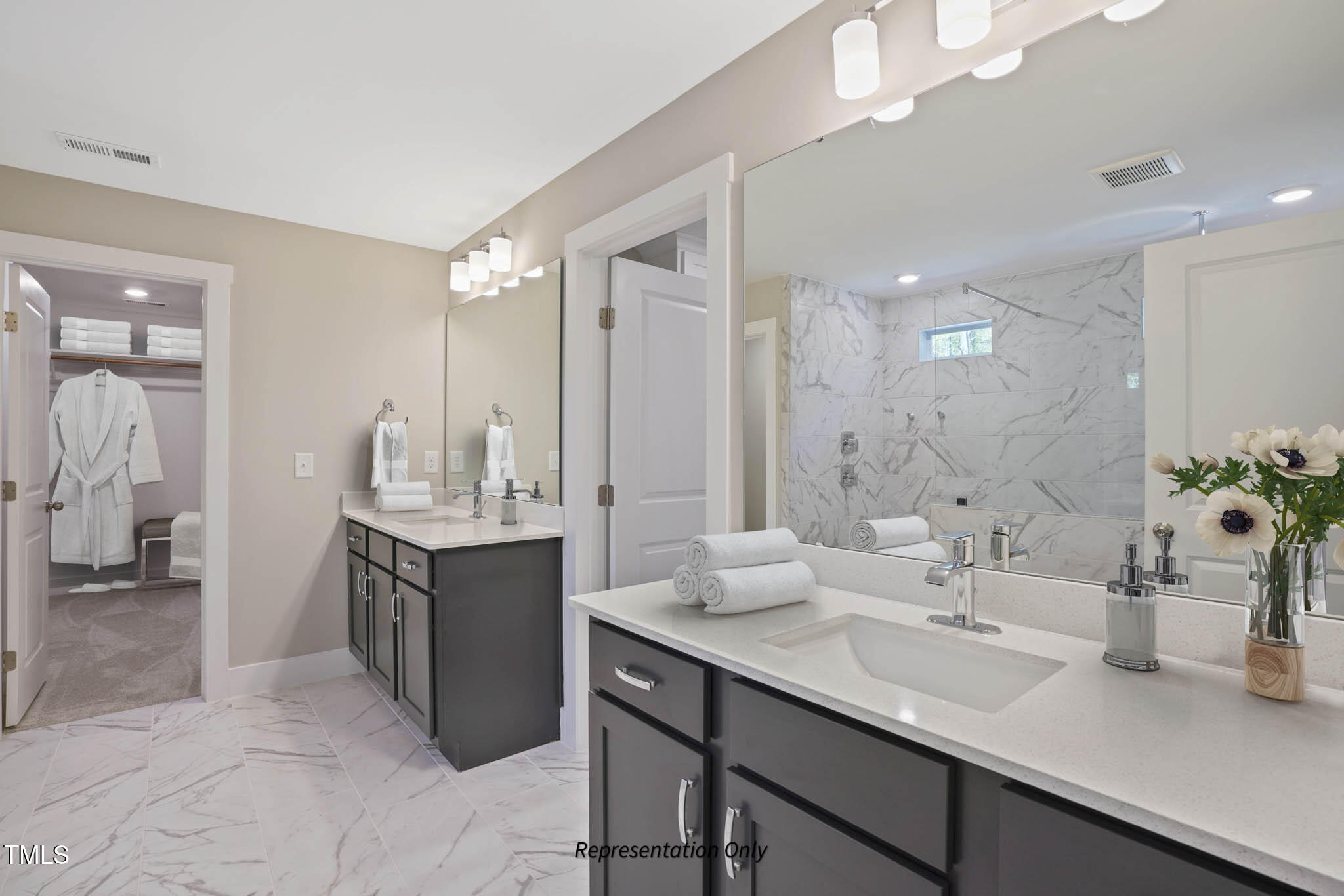 134 Merle Way Zebulon, NC 27597 - Photo 38 of 48 a bathroom with a granite countertop sink a large mirror and shower