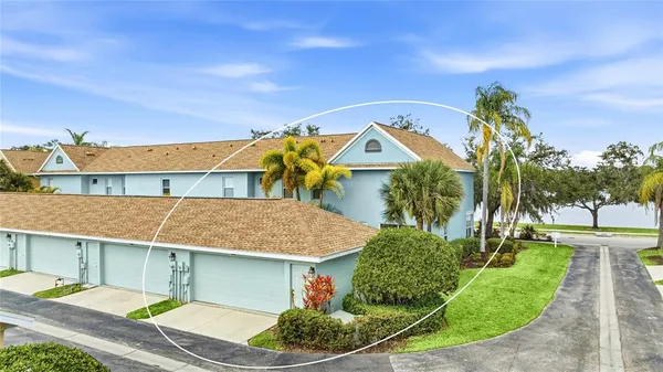 a aerial view of a house with a yard and potted plants