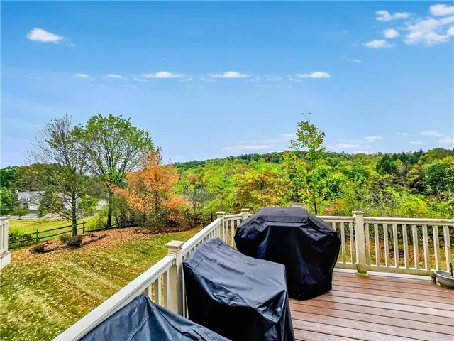 a view of a chairs and table on the wooden deck