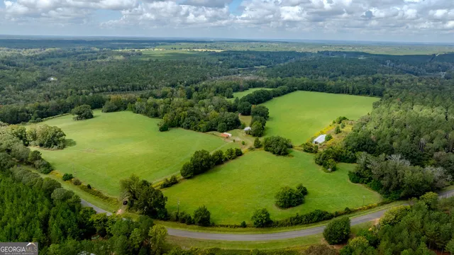 an aerial view of a residential houses with outdoor space and trees all around