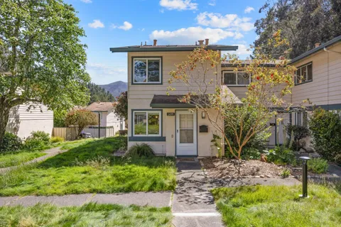 a front view of a house with a yard and potted plants