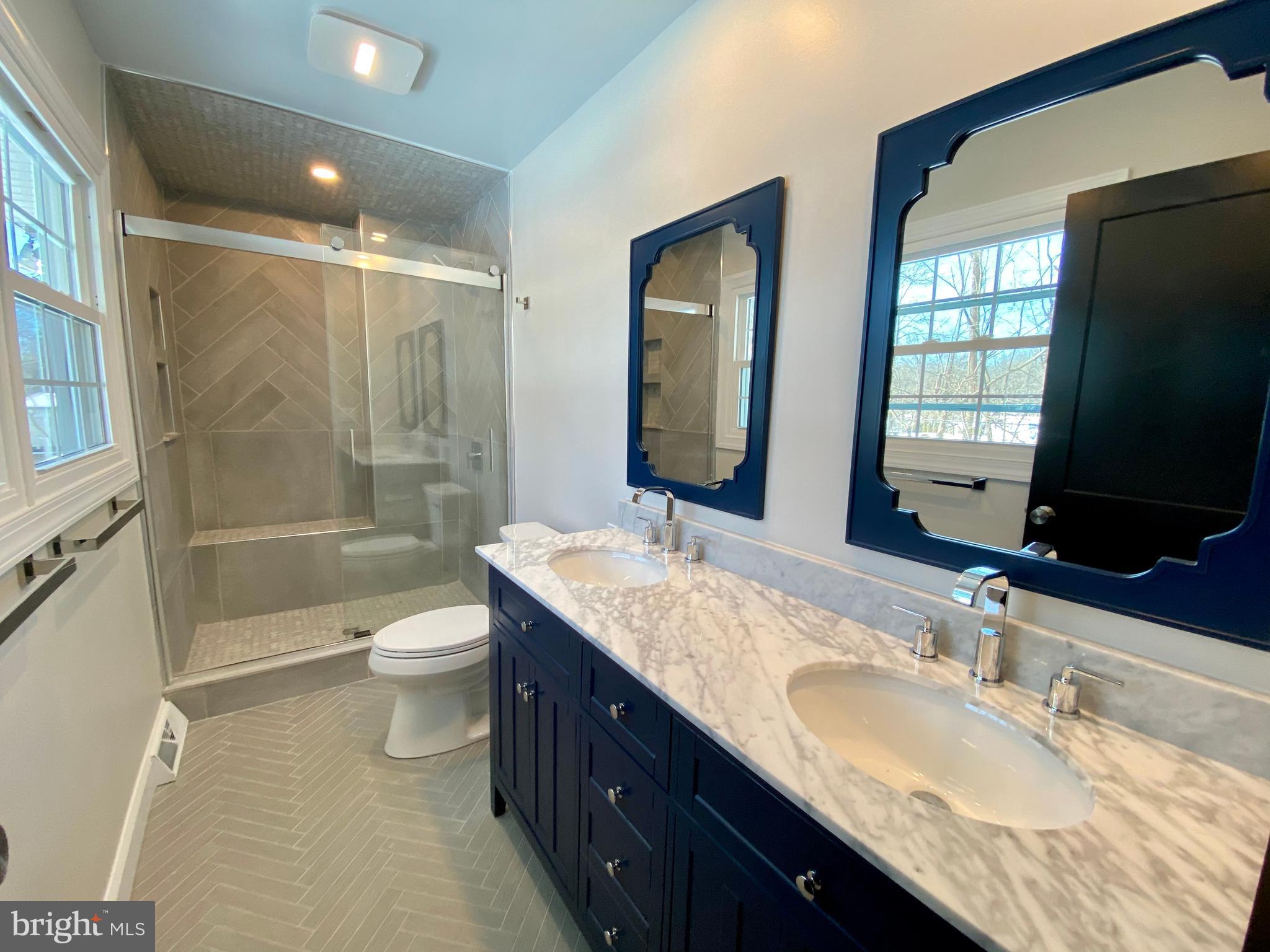 2417 Shellpot Drive Wilmington, DE 19803 - Photo 15 of 18 a bathroom with a granite countertop sink a toilet a mirror and shower