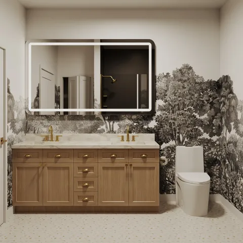 a bathroom with a granite countertop sink and a toilet