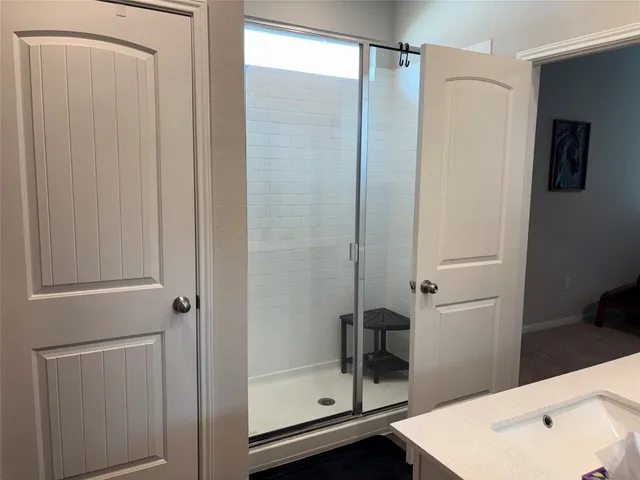 a bathroom with a sink vanity and a mirror