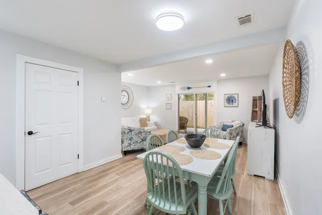 a view of a dining room with furniture