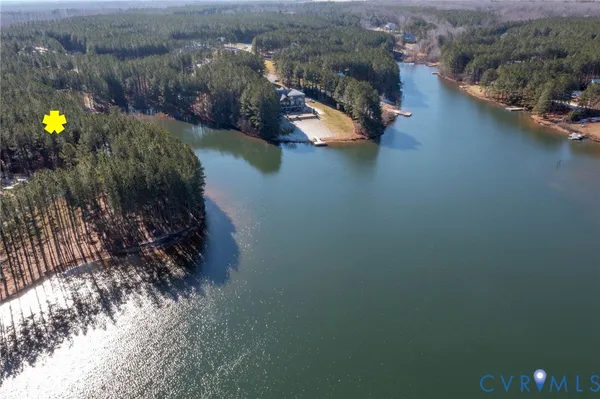 a view of a lake in middle of the town