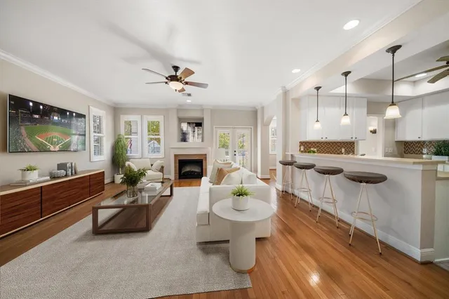 a view of kitchen with cabinets and wooden floor