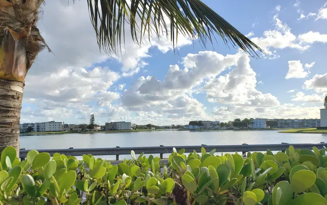 a view of a lake with a building in the background