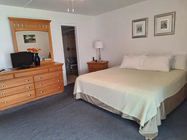 a bedroom with a bed and a dresser in it