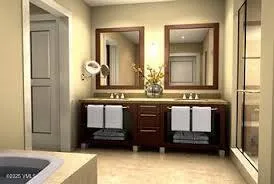 a blue and white room with a large window